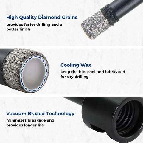 Close-up of Two Pack Diamond Core Drill Bits Six Millimeter One Quarter Inch Diameter For Porcelain Ceramic Tile Marble Brick With Vacuum Brazed Five Eighths Inch Thread showing diamond grains and vacuum brazed features.