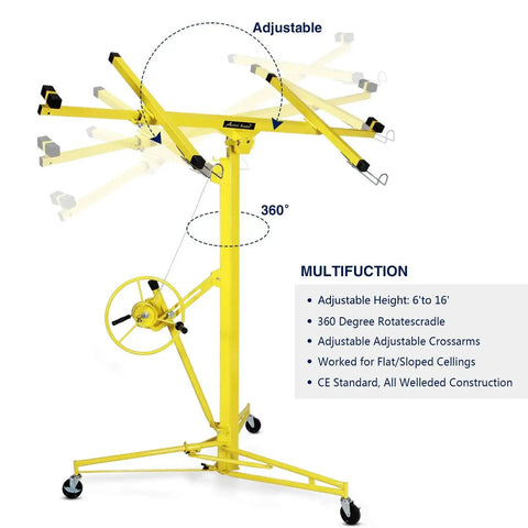Heavy Duty Drywall Lift Panel Hoist For 16Ft Ceilings And 19Ft Walls with adjustable arms and caster wheels