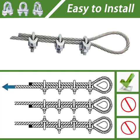 Wire rope clamps set: 200pcs, 5/16 inch M8 zinc-plated, heavy-duty U-bolt cable clips in silver