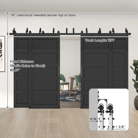 Double Bypass Sliding Barn Door Kit With Wave Panel 144x84 Inches installed, showing 12 ft tracks and wave-pattern MDF panels.