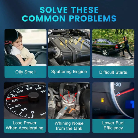 Infographic showing common car problems: oily smell, sputtering engine, difficult starts, power loss, whining noise, low fuel efficiency.