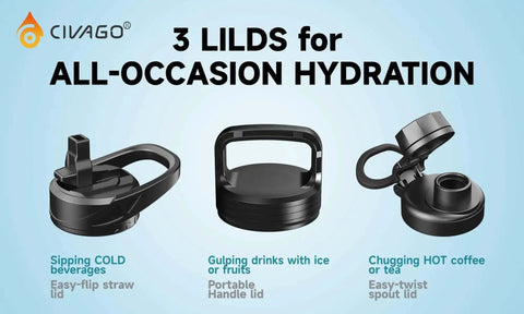 Three lids for 32 Oz Insulated Water Bottle With Straw Spout And Handle Lid Stainless Steel Sports Flask
