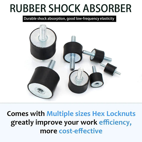 Four Pack M6 20x15mm Rubber Isolator Mounts With Double Studs arranged on a surface, includes multiple hex locknuts.