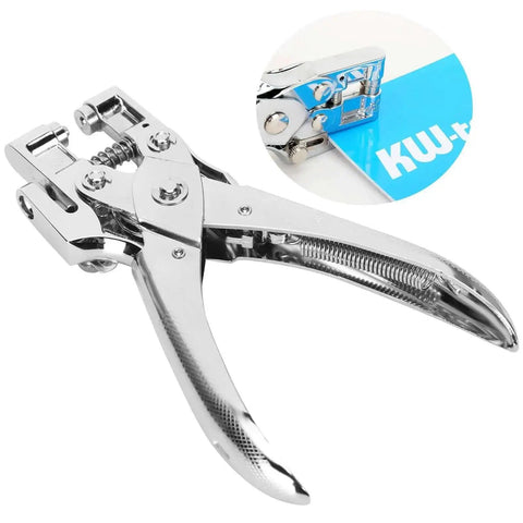 Metal Handheld All In One Hole Puncher With Retainer for manual use, showing adjustable depth feature and 30 sheet capacity on A4 paper.