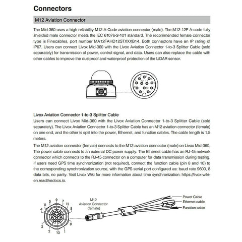 Livox Mid-360 LiDAR Sensor Cable, M12 Aviation 12-Pin Connector to RJ45, 1-to-3 splitter, diagram and specification details