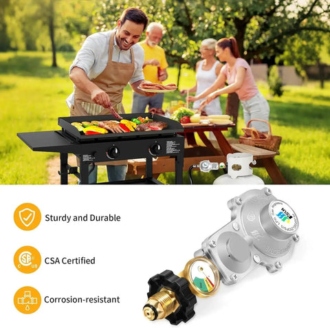 Two Stage Propane Regulator With Gauge For RVs Campers And Generators GGC beside outdoor cooking scene and certifications