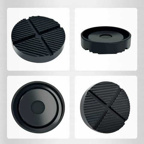 Various views of a Universal Floor Jack Pad Adapter for Pinch Welds and Side Rail Protection, 125 mm dia, rubber, black color.