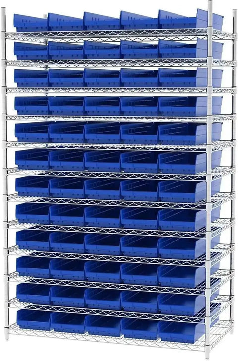 Heavy Duty Plastic Shelf Bins 24-Inch By 8-Inch By 4-Inch In Blue, 6 Pack on metal shelving for garage or home organization