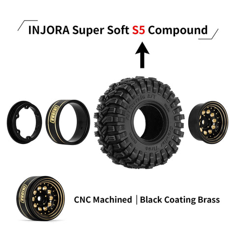 Brass Beadlock Wheel Set with Black Coating and S5 1.0 Crawler Tires for Axial SCX24 AX24 TRX4M FCX24 Upgrades