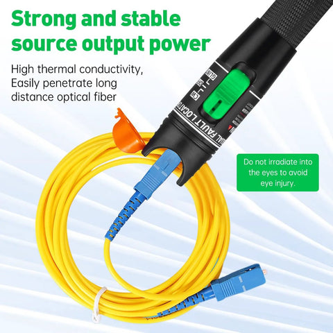 Moocci Visual Fault Locator fiber optic tester with yellow fiber cable and blue FC/LC adapters, black handheld unit