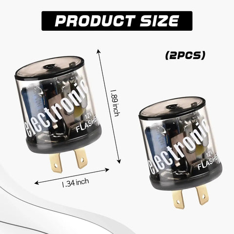 Two 12V Heavy Duty Turn Signal Relay 2 Pack 2 Pin shown with dimensions 1.34 inch and 1.89 inch, for cars and trucks with halogen bulbs.