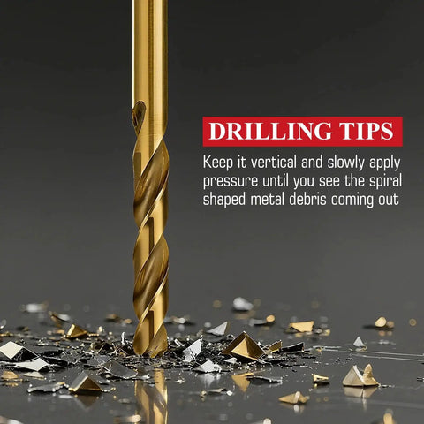 Close-up of drill from 13 Piece HSS Drill Bit Set With Titanium Coating For Metal Wood Plastic showing spiral metal debris