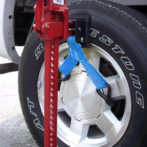 Wheel Lifter For Hi Lift Jack Off Road Recovery Accessory Heavy Duty 4WD Lifting Tool with nylon-coated hooks on tire.
