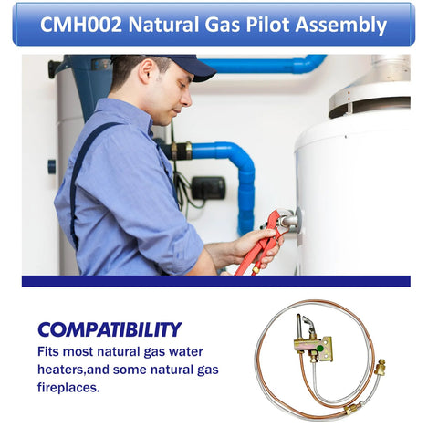CMH002 natural gas pilot assembly installed on a white water heater; copper tubing and thermocouple visible.