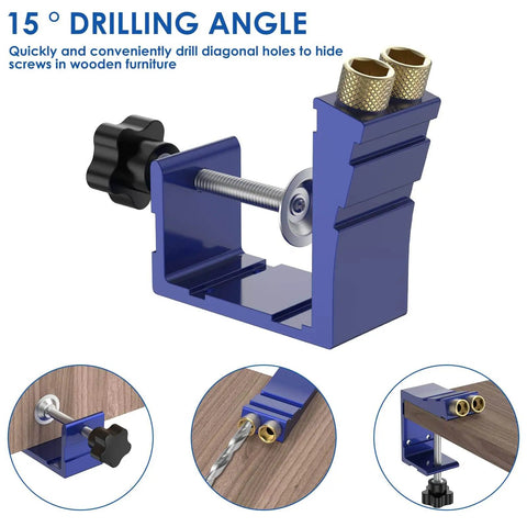 Pocket Hole Jig Kit With Adjustable Punch Locator And 15 Degree Drill Guide For DIY Woodworking Projects shown in metal construction