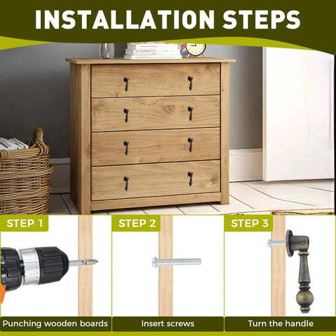 Installation steps for Vintage Cabinet Pulls 2 Pack Antique Bronze Pendant Handles on a wooden dresser, showing drilling, inserting screws, turning handle.
