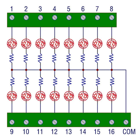 Diagram of Sixteen Channel Green LED Indicator Light Module For DIN Rail Mount with numbered connections and resistors.