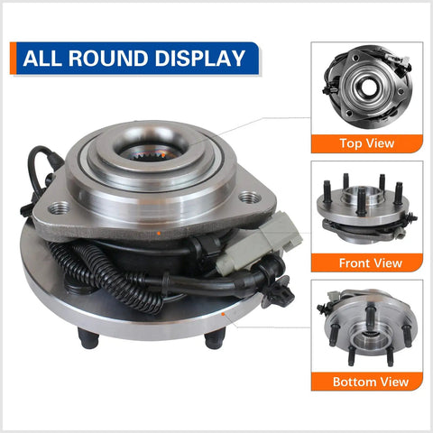 All round display of the Front Wheel Bearing And Hub Assembly For 2005 To 2010 Jeep Grand Cherokee And 2006 To 2010 Commander 5 Lug ABS 4WD Or RWD Replacement Wheel Hub Kit Direct Fit And Durable For A Smooth Ride Easy Installation And Long Lasting Performance For Your Daily Ride showing top, front, and bottom views.