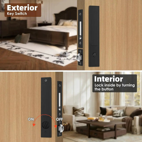 Exterior and interior views of Pocket Door Lock Set With Edge Pulls And Hidden Handles For Sliding Doors Black Privacy Finish.