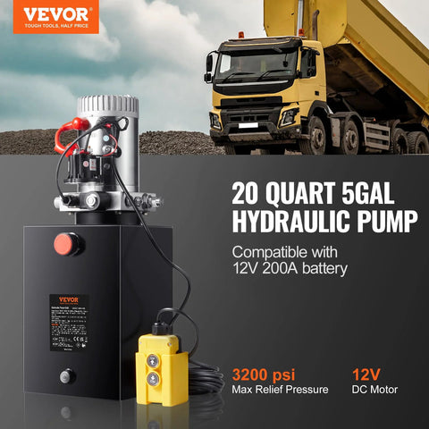 VEVOR 20-quart hydraulic pump with 12V DC motor and yellow remote controller, mounted on black power unit.