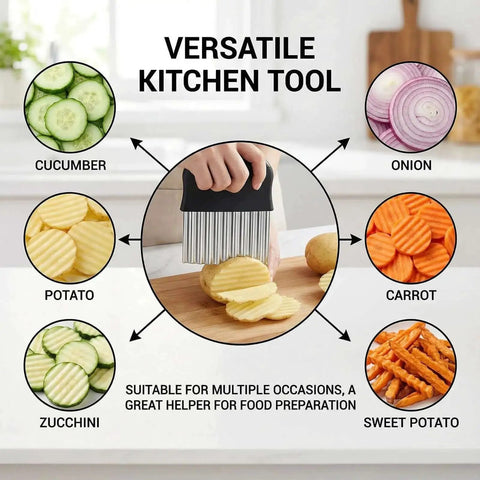 Stainless Steel Crinkle Cutter for Veggies and Fries With a Sharp Wavy Blade showing uniform cuts in various vegetables.