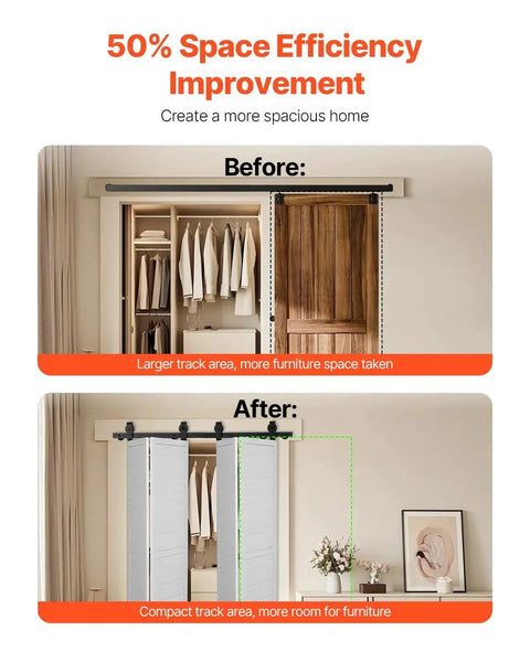 Before and after using Bi Folding Sliding Barn Door Hardware Track Kit Heavy Duty Steel Rails For Four 12 Inch Doors