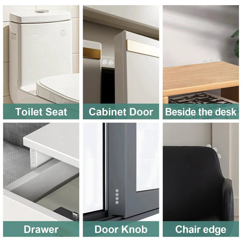 100 Pieces Clear Self Adhesive Cabinet Door Bumpers applied on toilet seat, cabinet door, desk, drawer, door knob, and chair edge.