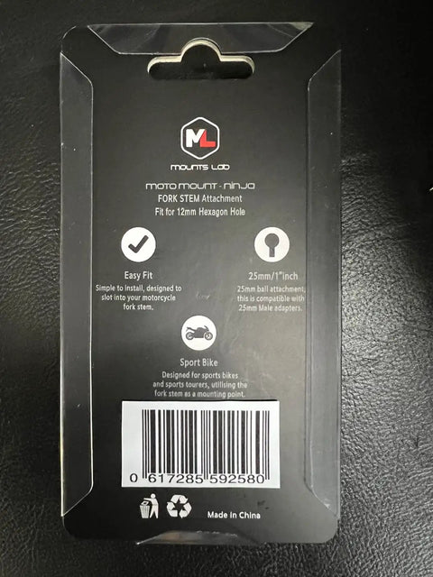 Moto Mount Ninja 12mm Hex Fork Stem Base package detailing features and specifications on the back, visible logo, and barcode.