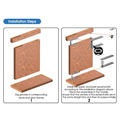 Installation steps for Beefed Up Heavy Duty Pivot Hinge Kit For Hidden Doors And Bookcase Doors with illustration