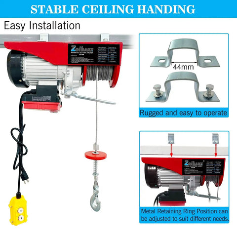 1760 Lb 110V Electric Hoist With Remote 2 In 1 Wired And Wireless Lift Winch, red and silver, side view, ceiling installation