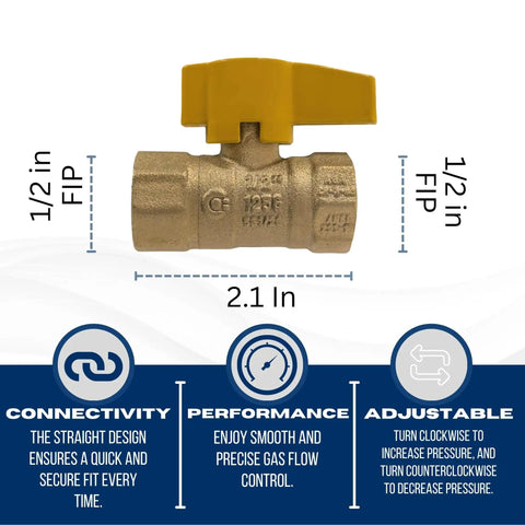 Side view of Go To 10 Pack Half Inch IPS Brass Gas Ball Valves For Propane And Natural Gas One Quarter Turn With Metal Handle CSA And UL Approved Durable DIY Home And Garage Gas Line Valve Set XFITTING.