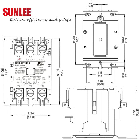 Technical diagram of 3 Pole 40 Amp 120V Contactor For HVAC Systems, showing dimensions and UL certification, HVAC Workhorse.