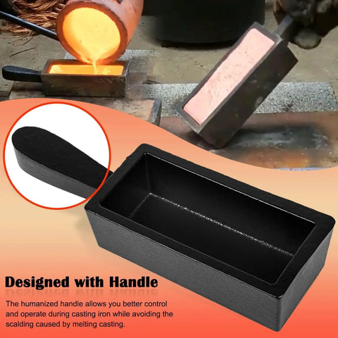 100 Oz Troy Ounce Cast Iron Ingot Mold Loaf Dope For Smelting And Pouring Gold Silver Copper Aluminum Brass Versatile Metal Casting Tool With Durable Handle For Melting And Refining shown in use with hot metal and a close-up of the mold handle
