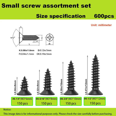 Diagram showing Six Hundred Pieces M3 Black Wood Screws Set Handy Short Lengths 6mm 8mm 10mm 12mm with sizes and quantities
