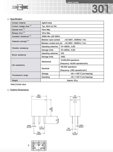 Technical specifications and dimensions sheet for Ultra Micro ISO 12V Automotive Relay Pack Four Pack With Five Pin SPST Form A High Temp 125 C.