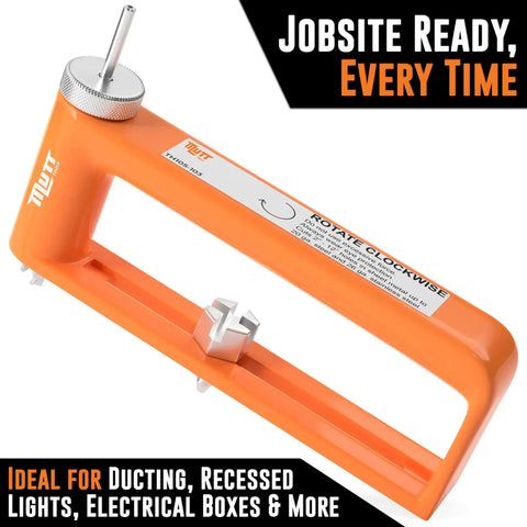 Beefy Adjustable Metal Hole Cutter For 2 To 12 Inch Holes In 24 Gauge Steel And 26 Gauge Stainless, orange tool close-up