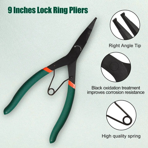 Image of 9 Inch Angle Tip Lock Ring Pliers With Hole For Transmission And Brakes Circlip Retaining Ring Pliers Flat Nose Black Oxide Finish Anti Slip PVC Grips Spring Loaded Jaw Workhorse Tool For Gear Shafts Bearings, showing right angle tip, black oxidation, and high-quality spring.