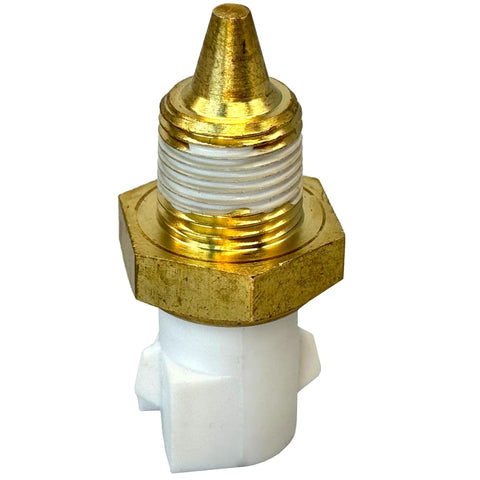 MecXora engine coolant temperature sensor with brass threaded body and white plastic connector.