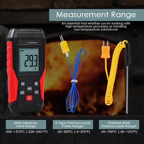 K-type thermocouple thermometer with LCD; handheld unit, red case, blue probe, stainless steel probe, and yellow coiled lead