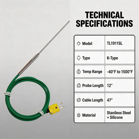 TL1911SL K-Type thermocouple probe with 12-inch stainless steel sensing tip and 47-inch green silicone cable with yellow connector