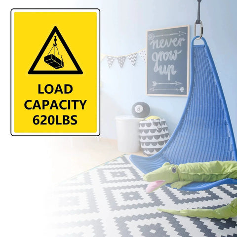 620 lbs capacity sign next to blue hammock swing set attached with 50 Pack One Quarter Inch Quick Links Chain Connectors With Six Hundred Twenty Pound Capacity Heavy Duty Galvanized Carabiner Clips Threaded Quick Link Hardware For Safety Chains Swing Sets Gym Hammocks Screw Lock Oval Locking Carabiner in playroom