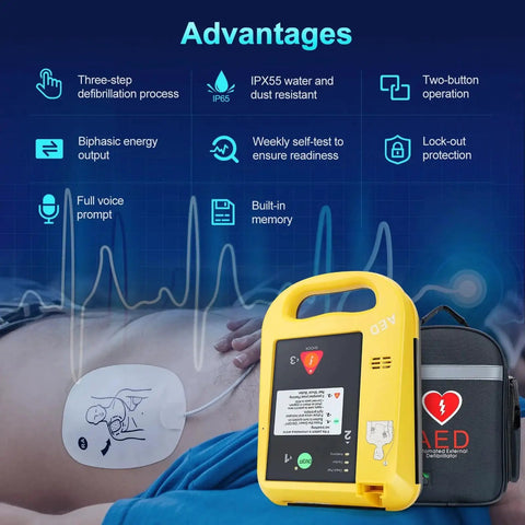 Home Portable AED Defibrillator For Emergency Use with advantages and features displayed