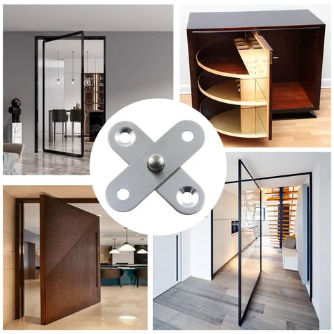 4 Piece Set 360 Degree Invisible Door Hinge Made From Stainless Steel 304 Concealed Pivot Hinge For Cupboard Doors Interior Doors And Screen Doors Built To Last Durable Corrosion Resistant Easy Install Hidden Hinge With Smooth Quiet Operation shown in installation examples including interior and cabinet doors.