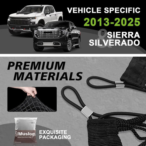 Heavy Duty Truck Bed Cargo Net For Silverado And Sierra Fits 2013 To 2026 1500 2500HD 3500HD Custom Laser Scanned Fit With LockNflex Material And Heavy Duty Carabiners Muslogy showing installation details and premium materials.
