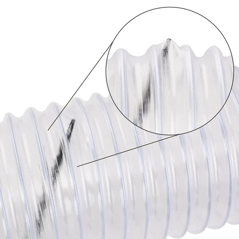 Close-up of clear 4 inch PVC dust collection hose showing thickened PVC material and carbon steel coil for durability