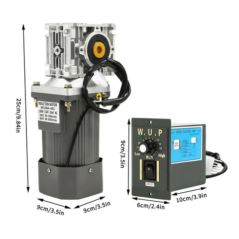 Front view of AC 110V Electric Motor With Speed Controller And Worm Gear Reducer, durable aluminum alloy, beefy high torque gearbox.
