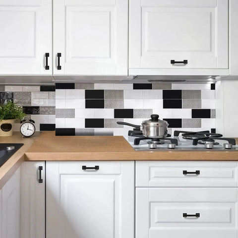 3 Inch Square Cabinet Pulls In Matte Black Arch Design for kitchen cabinets and drawers, installed on white cabinetry in modern kitchen