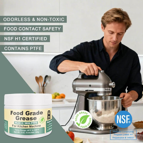 Food Grade Grease For Kitchen Appliances 5 Oz Bottle NSF H1 Accredited Sanitary Lubricant near a stand mixer in use