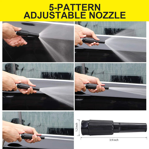 FOXEASE metal water hose nozzle, 5-pattern adjustable spray, black ribbed grip in hand
FOXEASE metal water hose nozzle, side view spraying water along car body
FOXEASE metal water hose nozzle, close-up mist on vehicle surface
FOXEASE metal water hose nozzle, handheld grip during watering spray
FOXEASE metal water hose nozzle, compact black handle with adjustable head
FOXEASE metal water hose nozzle dimensions, 3.9 in length and 1.2 in height