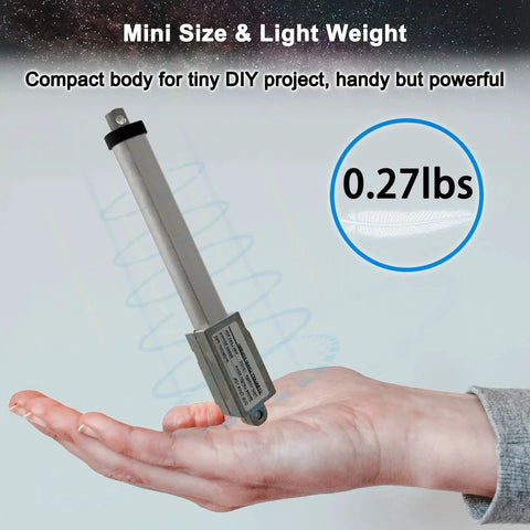 12V Mini Electric Linear Actuator With 4 Inch Stroke 188N 42Lb Force 0.2 In Per Sec Speed IP65 Waterproof on a hand